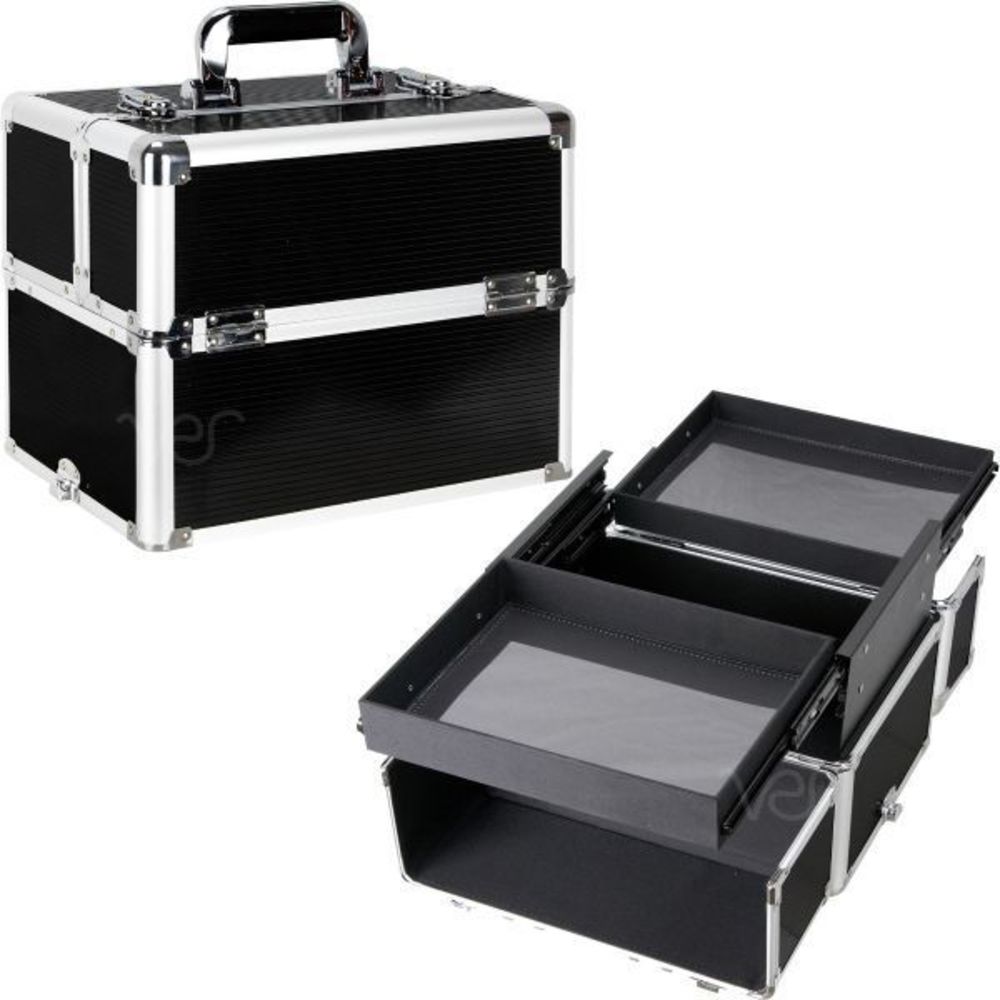 Black Aluminum Cosmetics Case Professional Makeup Train with 2 Slide Drawers